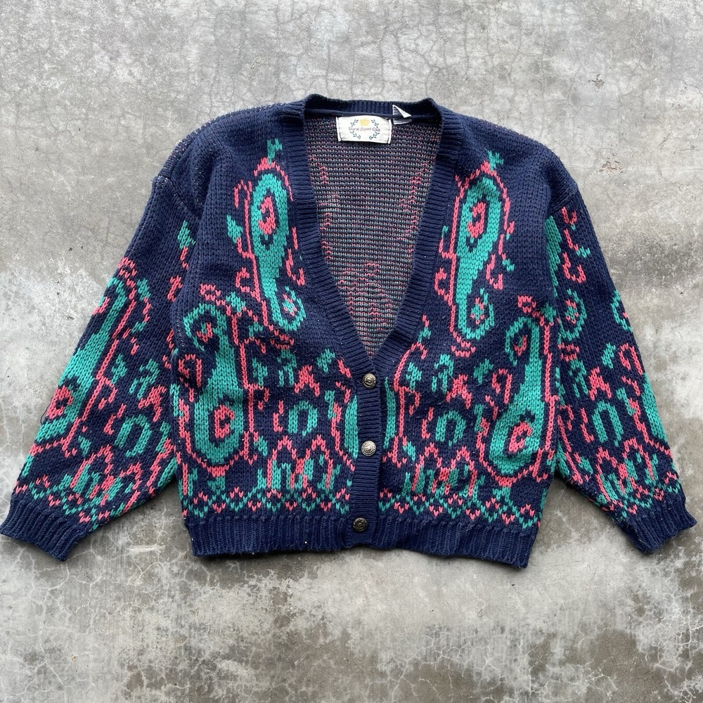 Vintage 80's 90's Paris Sport Club 3D Hand Knit Sweater Cardigan Medium Women's